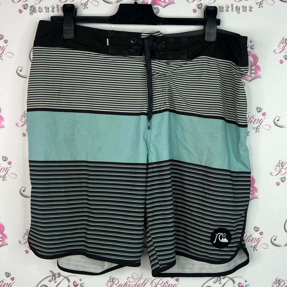 Quiksilver Men's Striped Swim Shorts - Black and Aqua high line trunks surf